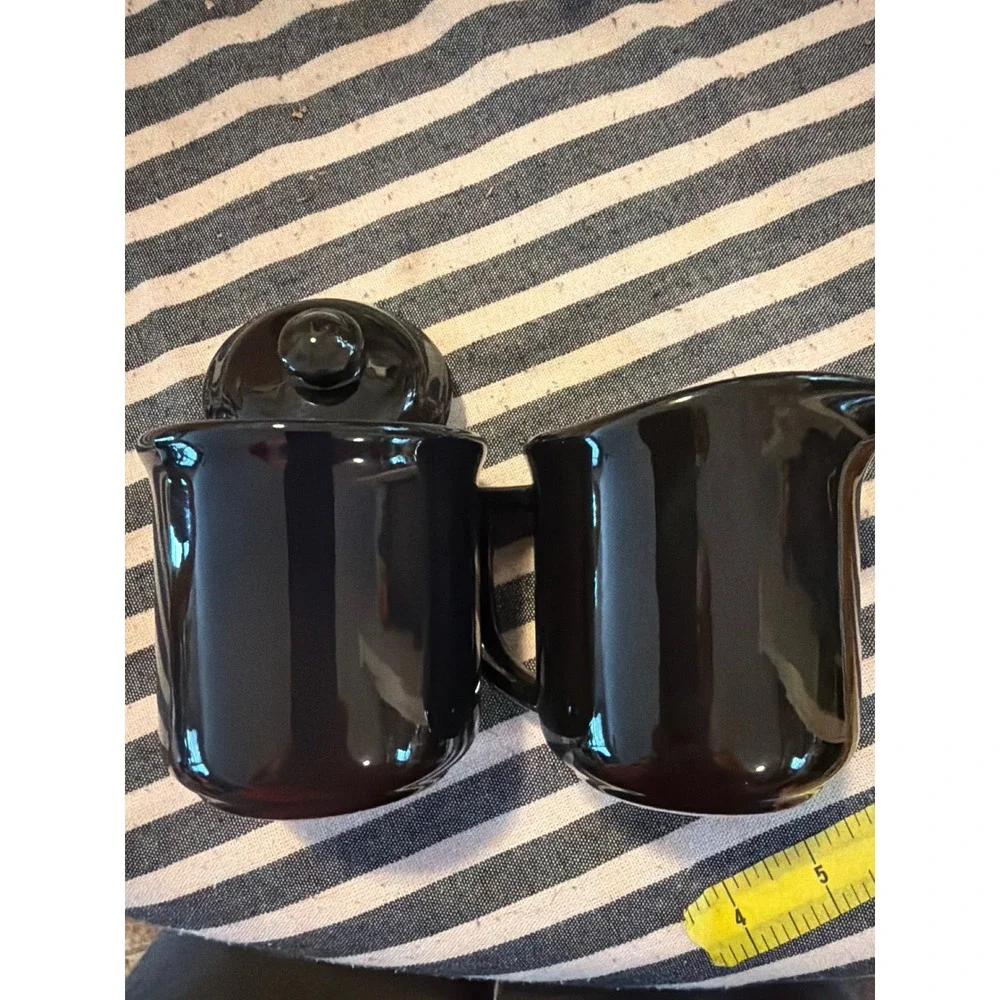 Black Ceramic Cream and Sugar Set Lidded Sugar Bowl and Creamer Pitcher Glossy